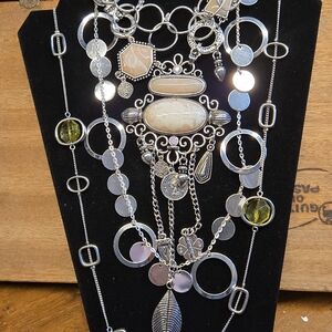 Lia Sophia Silver Necklace with Cream and Green Accents